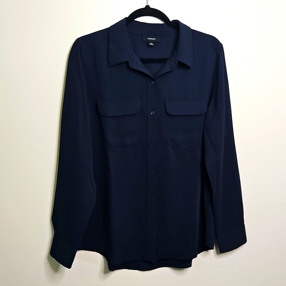 Alfani Navy Blue Tunic Top Button Up Large